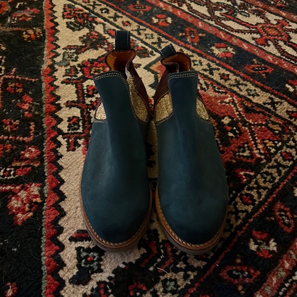 Penelope Chilvers ankle boots, size 8.5, blue, maroon, and gold
